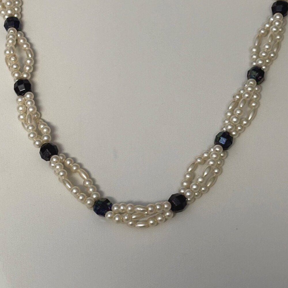 Handcrafted White Faux Pearl Black Bead Necklace Twisted Multi-Strand Jewelry